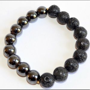 Men Beaded Bracelet, Black Lava and Hematite,12mm